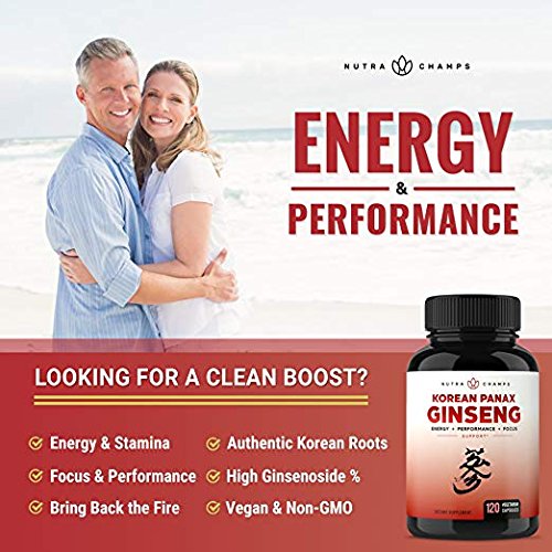 Korean Red Panax Ginseng Vegan Capsules Extra Strength Root Extract Powder Supplement W/High Ginsenosides For Energy Performance And Mental Health